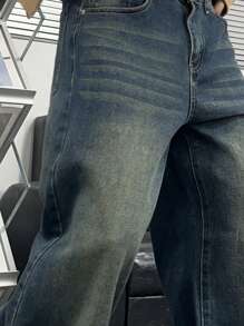 Claim Dot Loose Wide Leg Jeans With Slant Pockets For Men Plain Dark Blue Long Distressed Boot Cut Jeans Oversize Cargo Jeans, For Husband, Boyfriend Gifts - Medium Wash - View 3