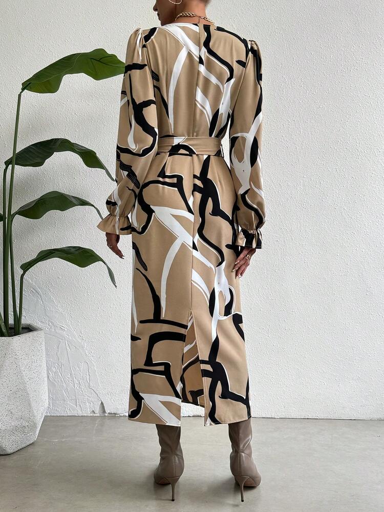 Vintage Geometric Printed Belted Dress
