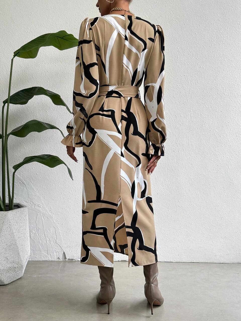 Vintage Geometric Printed Belted Dress
