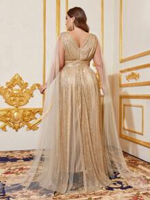 Faeriesty Plus Women's Deep V-Neck Sequin Cape Sleeve Formal Evening Gown With Dramatic Train - Perfect For Black Tie Galas, Red Carpet Events, Wedding Receptions, Luxury Banquets, And Bridal Portrait Photography - Champagne - View 2