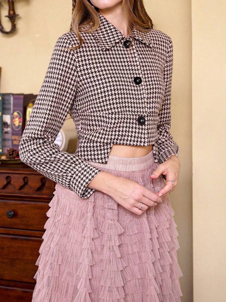 Houndstooth Print Button Front Crop Overcoat Fall Cloth For Women