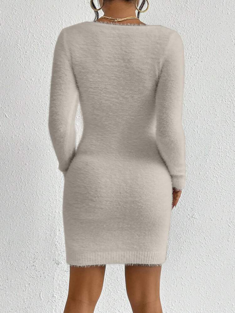 Women's Plush Knitted Sweater Dress, Fall And Winter, Elegant, Camel, Longsleeve, Crewneckl