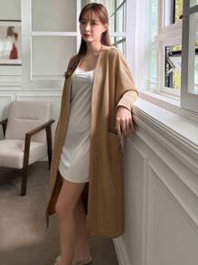 DAZY 下垂肩腰帶長袍 - 駝色 - 查看 3