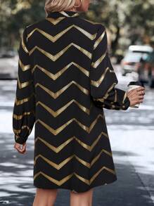 SHEIN LUNE Print Quarter Zip Lantern Sleeve Dress - Multicolor - View 2