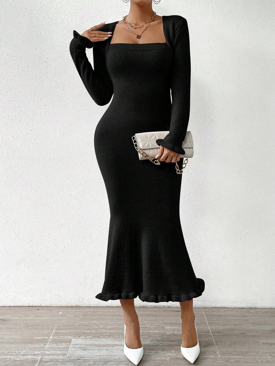 Chiquease Của phụ nữ Hình vuông Đường viền cổ áo Đuôi cá Đầm Áo len - màu đen - Xem 1