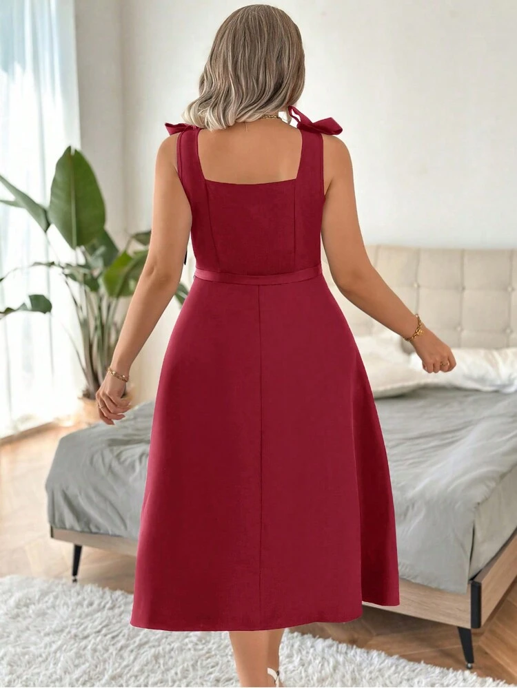 Plus Solid Bow Shoulder Belted A-line Dress