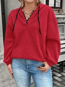 SHEIN Franclia 加大码落肩抽绳卫衣 - 紅色 - 查看 4