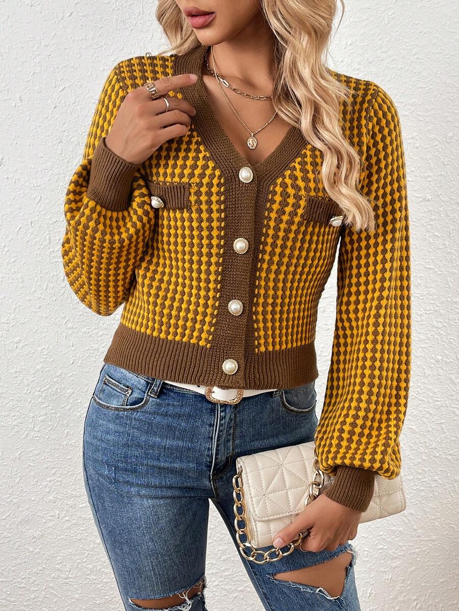 SHEIN LUNE Họa tiết Toàn thân Tay áo lồng đèn Áo len Mở - Cà phê nâu - Xem 1