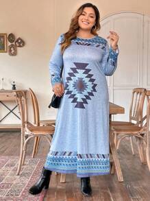 EMERY ROSE Plus Geo Print Tee Dress - Baby Blue - View 6
