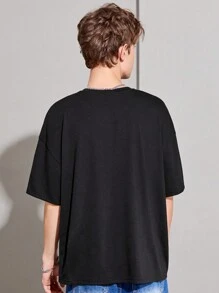 SHEIN 少年男孩鬆身舒適籃球印花短袖針織上衣 - 黑色 - 查看 3