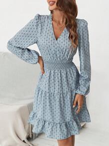 SHEIN LUNE 碎花燈籠袖荷葉邊洋裝 - 彩色 - 查看 5