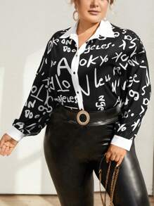SHEIN Essnce Plus Letter Graphic Contrast Trim Shirt - Black and White - View 3
