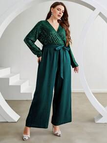 Modelyn 大尺碼女士閃光拼接寬腳連體褲 - 墨綠色 - 查看 5