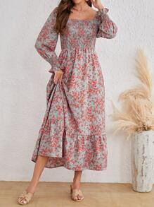 SHEIN VCAY Floral Print Square Neck Ruffle Hem Dress - Grey - View 6