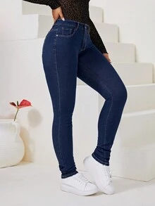 SHEIN Privé 斜口袋緊身牛仔褲 - 深色水洗藍 - 查看 4