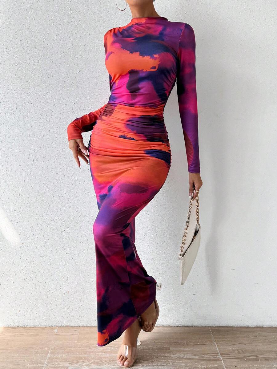 Rafferiza Vestido ajustado con cuello de tortuga, fruncido en los laterales, con estampado tie-dye, para Año Nuevo, vestimenta de mujer, vestido largo, ropa de otoño para mujer - Rojo - Ver 1
