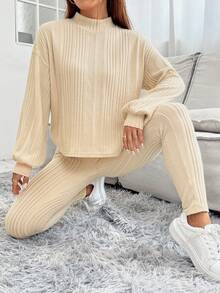 SHEIN PETITE Mock Neck Drop Shoulder Tee & Leggings - Khaki - View 5