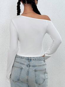 SHEIN Unity Áo thun dài tay lệch vai in họa tiết ngôi sao Colorblock dành cho nữ - trắng - Xem 2