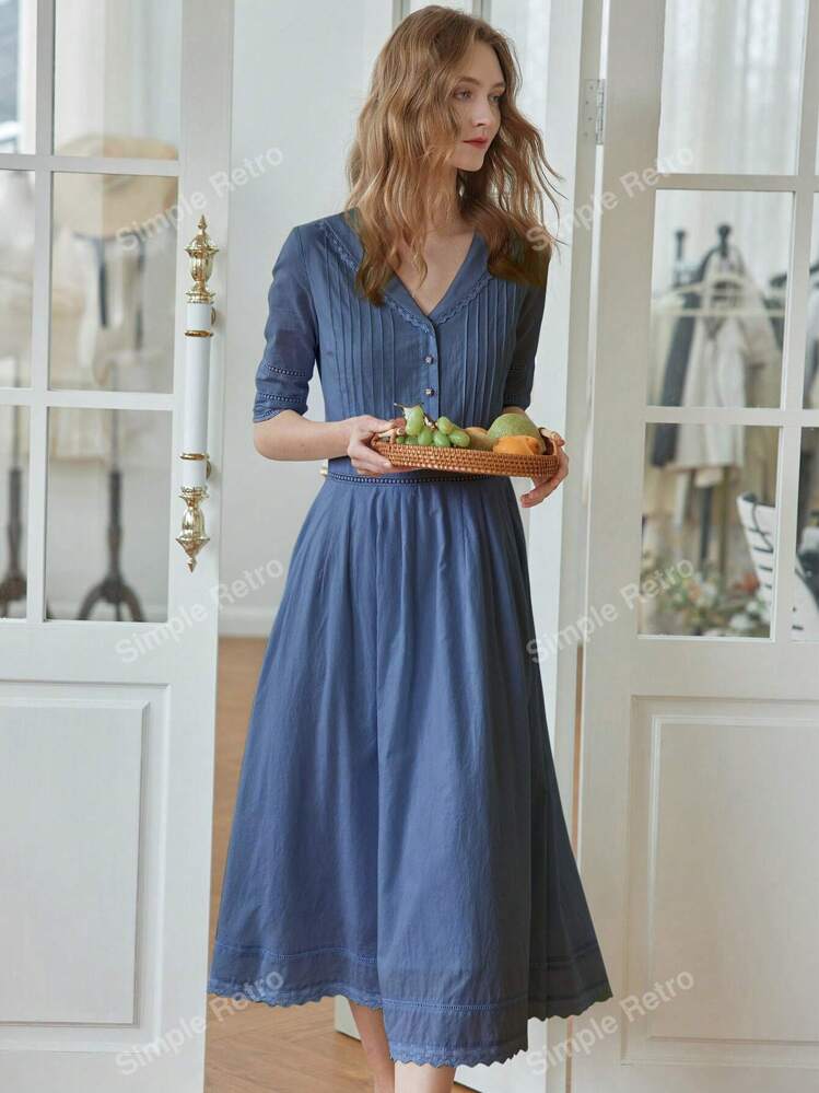 Simple Retro Vネック コットン 綿 ワンピース ミディ丈 ドレス