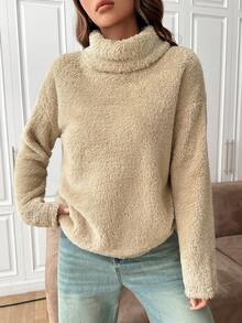 SHEIN EZwear Áo cao cổ Thả vai 	
Fuzzy Áo nỉ - Màu be - Xem 5