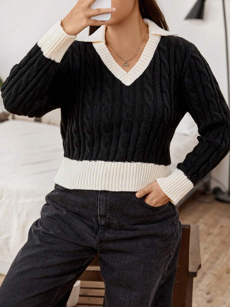 Plus Contrast Trim Cable Knit Sweater Knit Pullover Fall Winter Sweater