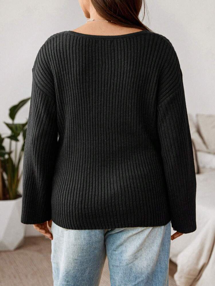 Plus Drop Shoulder Ribbed Knit Sweater Knit Pullover Fall Winter Sweater