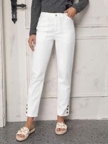SHEIN LUNE Button Hem Straight Leg Jeans - White - View 3