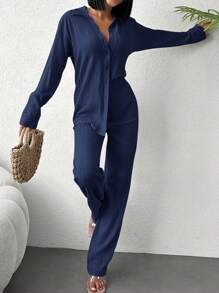 RueChic Solid Button Front Shirt & Pants Sets - Navy Blue - View 5