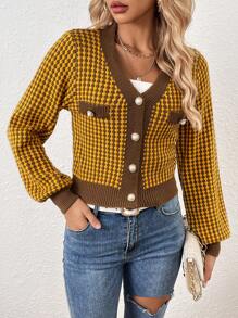 SHEIN LUNE Họa tiết Toàn thân Tay áo lồng đèn Áo len Mở - Cà phê nâu - Xem 3