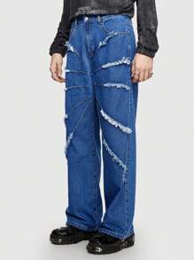 ROMWE MEN Street Life Men Straight Leg Denim Jeans With Frayed Hem - Blue - View 5