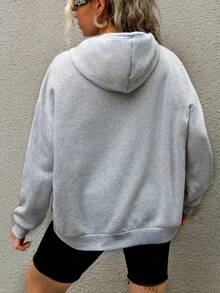 SHEIN EZwear Women's Plus Size Letter Print Drawstring Hooded Sweatshirt - Light Grey - View 2