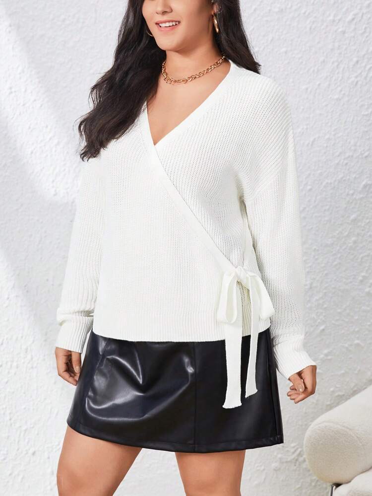 Plus Drop Shoulder Knot Side Wrap Cardigan