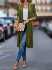 SHEIN Clasi 素色開門襟青果領外套 - 綠色 - 查看 6