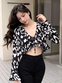 DAZY In vết tròn Polka Lace-up Tay áo dài Áo sơ mi , Giải trí Phong cách - Nhiều màu - Xem 3