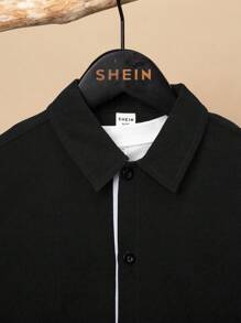 SHEIN 男大童素色前紐扣襯衫不帶T恤 - 黑色 - 查看 7
