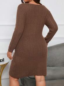 SHEIN Clasi Plus Twist Front Sweater Dress - Coffee Brown - View 2