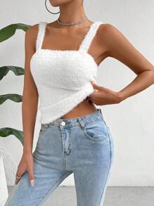 SHEIN Essnce Women'S Solid Fluffy Plush Camisole - White - View 3