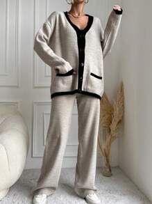 EURMUSE 2 Contrasting Buttoned Sweaters And Solid Color Sweater Pants - Khaki - View 3