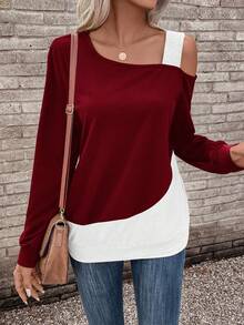 EMERY ROSE Colorblock Asymmetrical Neck Sweatshirt - Burgundy - View 3