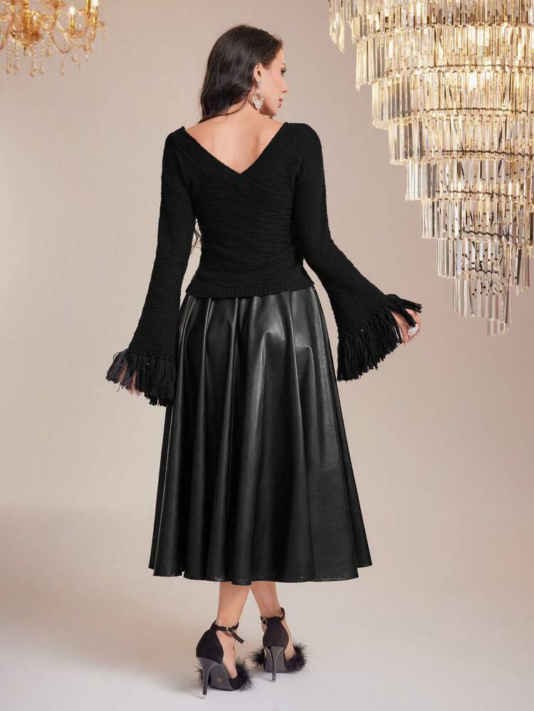 Fringe Trim Flare Sleeve Wrap Sweater