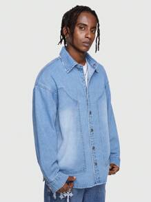ROMWE MEN Street Life Men'S Drop Shoulder Denim Jacket - Blue - View 5