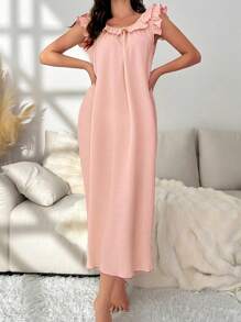 女士荷叶边下摆家居睡衣裙、长裙 - 粉色 - 查看 3