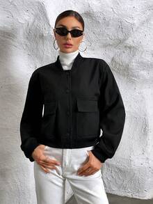 Túi có nắp Thả vai Áo khoác bomber - màu đen - Xem 5