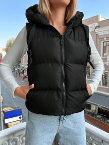 EURMUSE 拉鏈開襟抽繩連帽羽絨背心大衣 - 黑色 - 查看 5