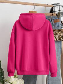 INAWLY Women's Letter & Lip Pattern Kangaroo Pocket Drawstring Hooded Fleece Sweatshirt - Hot Pink - View 2