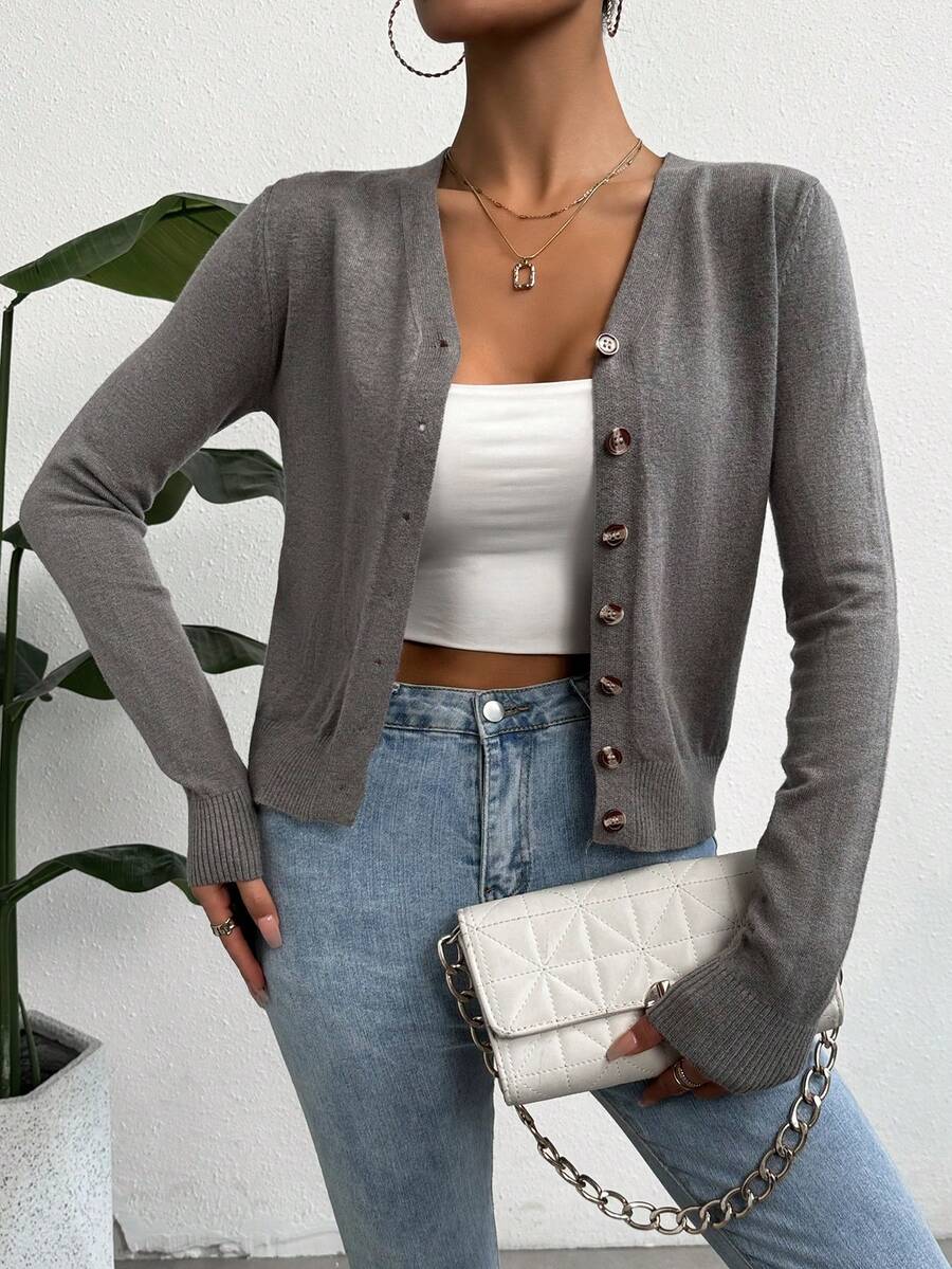 SHEIN Essnce Của phụ nữ Màu thuần Mặt trước Có nút Áo len Mở - Màu xám đen - Xem 1