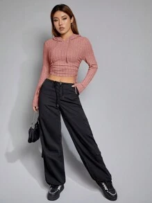 SHEIN EZwear 側抽繩短款連帽衫 - 藕粉色 - 查看 3