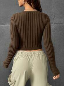 SHEIN EZwear Slim Fit Ribbed Sweater - Olive Green - View 3