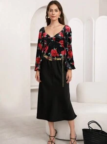 SHEIN Privé Floral Print Sweetheart Neck Lantern Sleeve Blouse - Multicolor - View 5