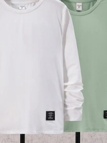 SHEIN 男童休闲纯色圆领长袖T恤 - 薄荷綠 - 查看 7